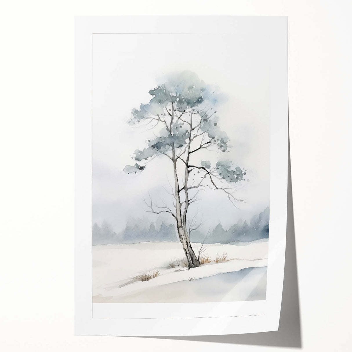 Winter-themed floral art on a rolled print, featuring cool blue and white tones, suitable as art wall dining room decor.