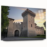 Acrylic glass artwork showcasing a stunning landscape of a castle surrounded by lush greenery, viewed from the side, designed for elegant home decor.