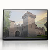 Framed acrylic artwork showcasing a vibrant landscape with a majestic castle, set against a lush green backdrop, featuring a sleek black frame for modern decor.