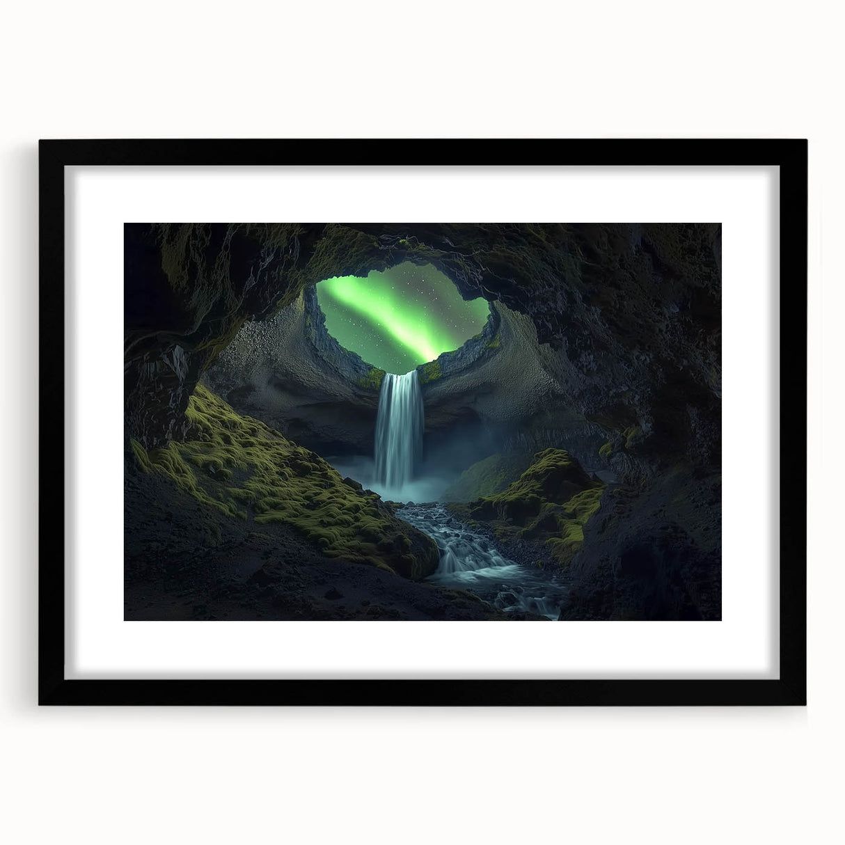 Framed black landscape artwork depicting intricate cave formations, featuring a stylish mat finish, ideal for home decor and enhancing interior aesthetics.