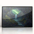 Framed acrylic artwork showcasing a stunning cave landscape in rich earth tones, featuring intricate details and a sleek black frame, perfect for modern decor.