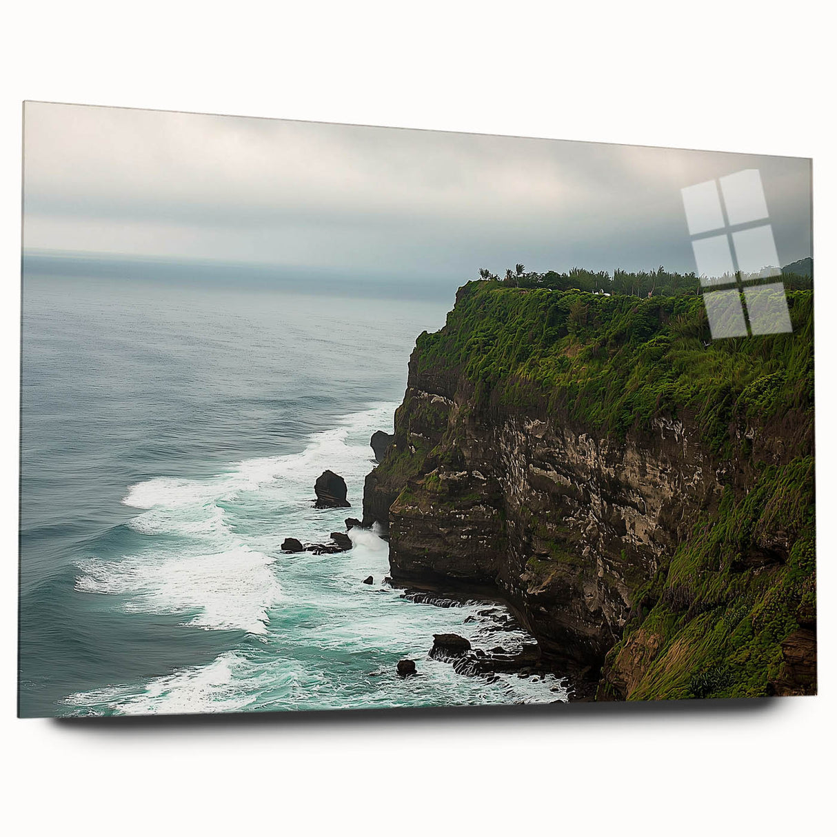 Acrylic glass artwork showcasing a breathtaking landscape of rugged cliffs under a vibrant sky, viewed from the side, emphasizing depth and color contrast.