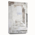 Abstract architectural wall art displayed on acrylic glass, showcasing a vibrant design with geometric patterns and side view pins for easy mounting. Ideal for modern decor enthusiasts.