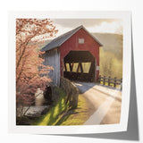 Covered bridge in autumn portrayed on a glossy photo print, utilizing earthy red and orange tones.