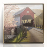 Mid-century modernist acrylic print of a covered bridge in muted earth tones, ideal for modern art wall decor.