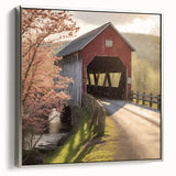 Framed canvas landscape art painting featuring a vintage-style covered bridge in black with colorful accents.