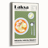 Landscape art painting featuring a vintage poster style, colorful dishes on black background, framed canvas.