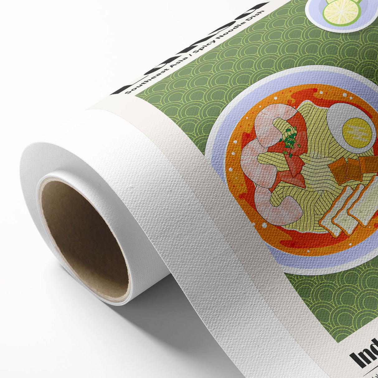 Art deco poster featuring an array of colorful food dishes on a rolled canvas, suitable for dining room decor.