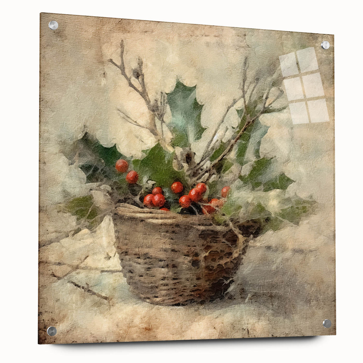 Christmas Framed Art - Festive Holly Basket Holiday Decor Prints