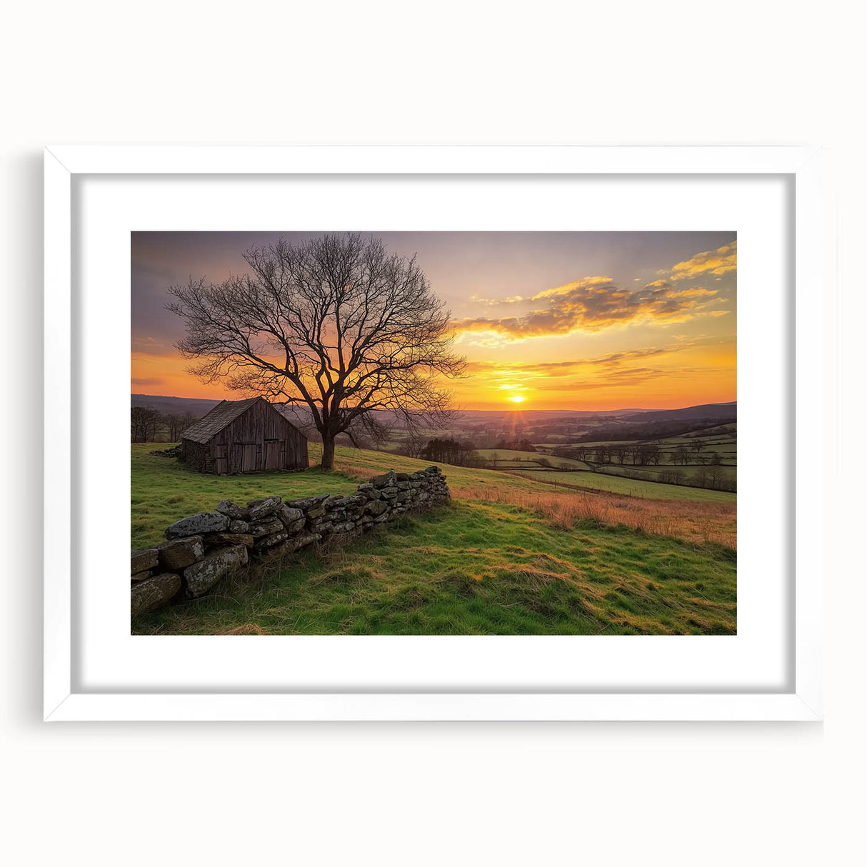 Framed landscape artwork showcasing a barn scene with a white matting, perfect for rustic home decor. Enhances living spaces with its warm colors and cozy vibe.