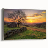 Silver-framed landscape canvas art showcasing a serene barn scene, with vibrant colors and detailed textures, perfect for home decor or office enhancement.