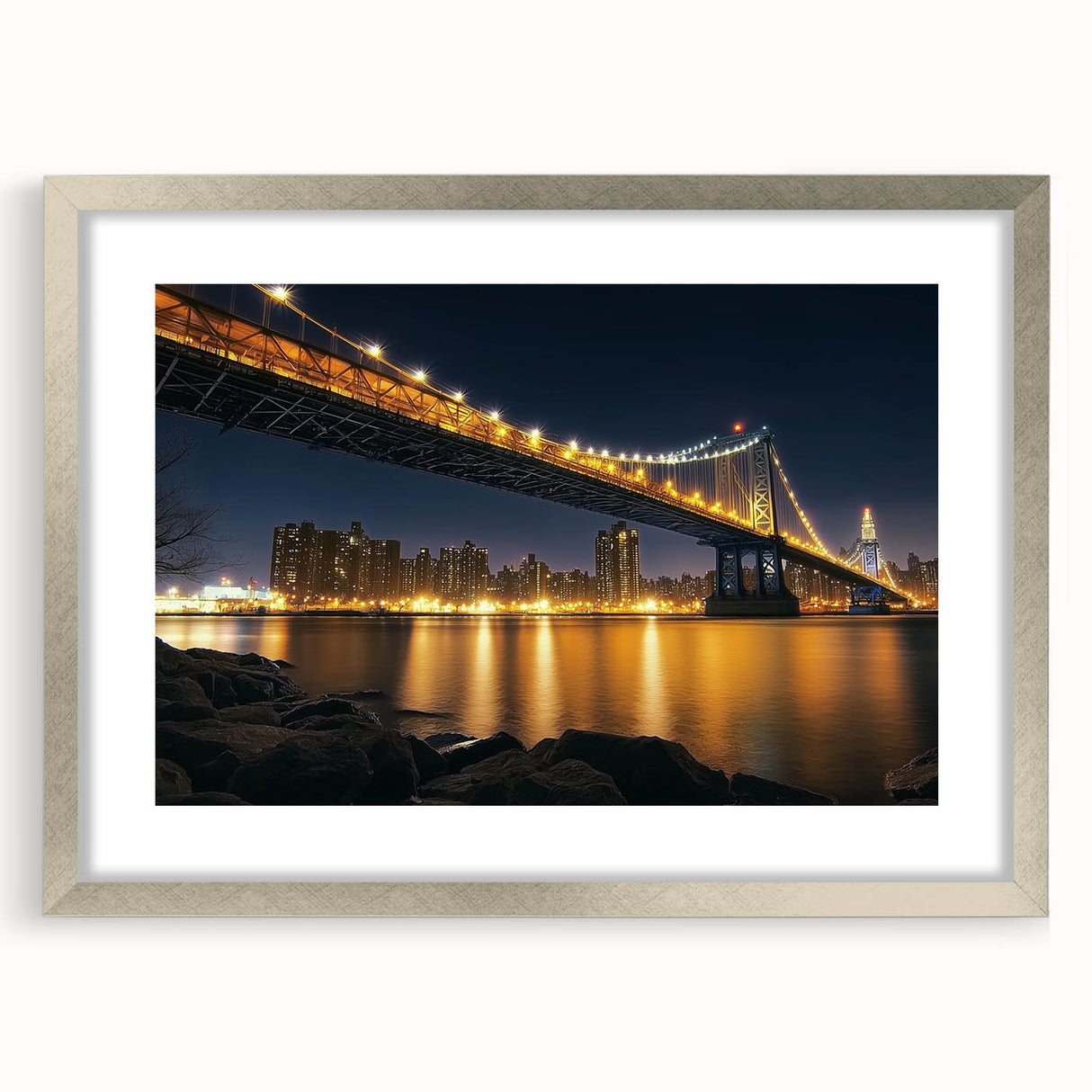 Landscape bridge frame with a silver mat, showcasing a modern design suitable for artwork display. Ideal for enhancing home decor with a sleek aesthetic.