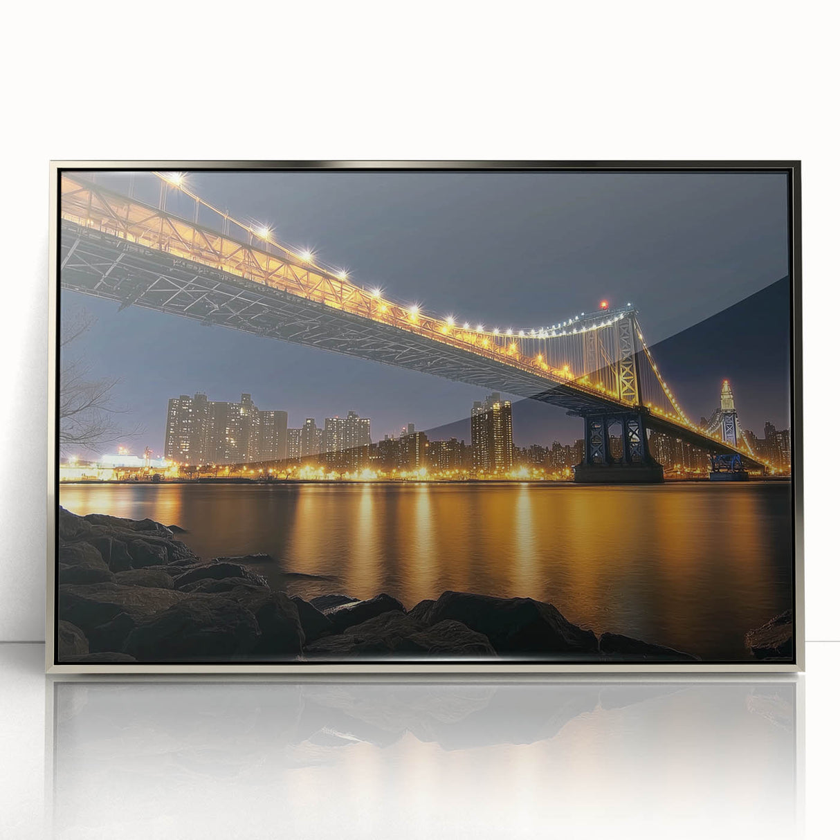 Framed acrylic artwork of a scenic landscape bridge in silver hues, showcasing intricate details and vibrant colors, perfect for enhancing home decor.
