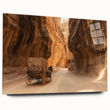 Vibrant acrylic landscape artwork depicting dramatic canyons in rich colors, displayed in a sleek glass frame, showcasing depth and detail for modern decor.
