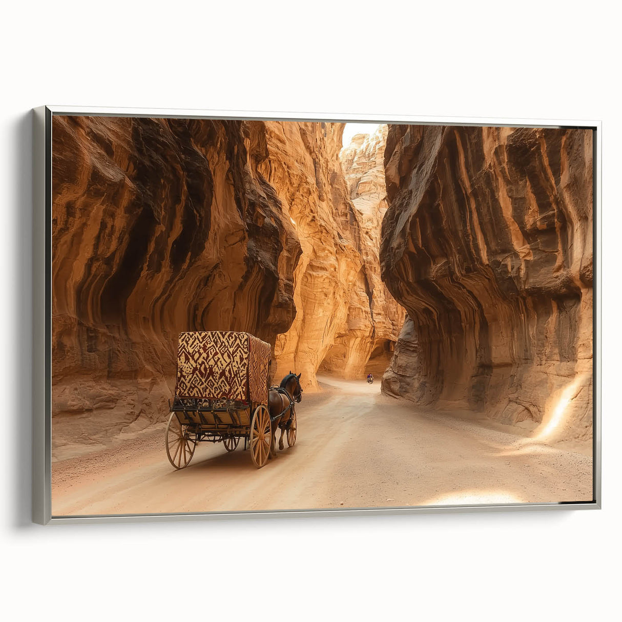 Framed canvas artwork depicting a stunning landscape of canyons, showcasing vibrant colors and intricate details, with a sleek silver frame enhancing its aesthetic appeal. Ideal for adding a touch of natural beauty to any home or office decor.