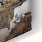 Close-up of a vibrant landscape wall art piece showcasing rolling green hills and a serene countryside scene, printed on high-quality acrylic glass, perfect for home decor.