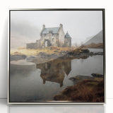 Framed landscape wall art depicting a serene countryside scene with vibrant green fields and a clear blue sky, surrounded by a sleek silver frame for modern decor.