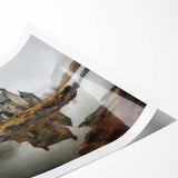 Landscape wall art print showcasing a serene countryside scene with rolling hills, vibrant green fields, and a clear blue sky, rolled and ready for display.