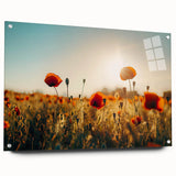 Acrylic glass artwork displaying a vibrant landscape of rolling fields in vivid colors, mounted with pins for a modern presentation, ideal for home decor.