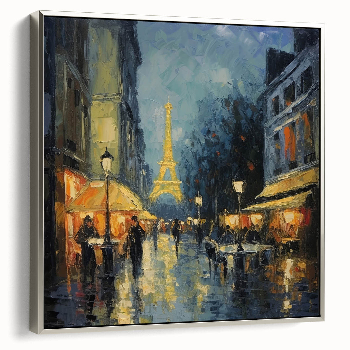 Landscape art painting of Paris with vibrant street scenes, framed in silver, ideal for living room decor.