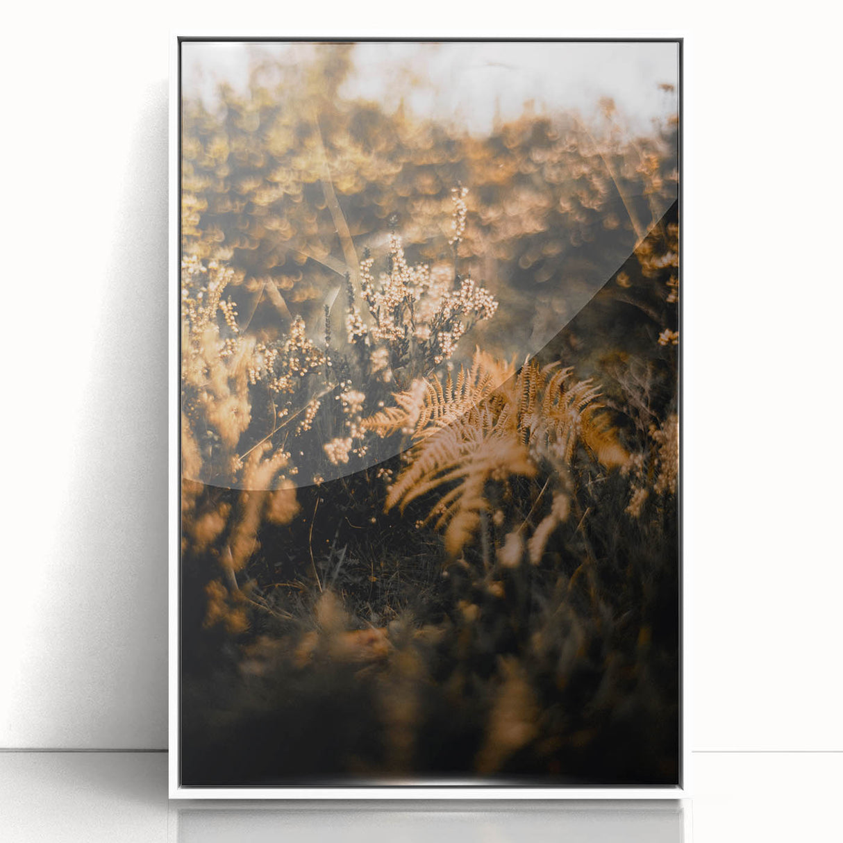Art deco poster of a stylized fall scene with orange and brown hues, framed in white acrylic, suitable for nursery wall art.
