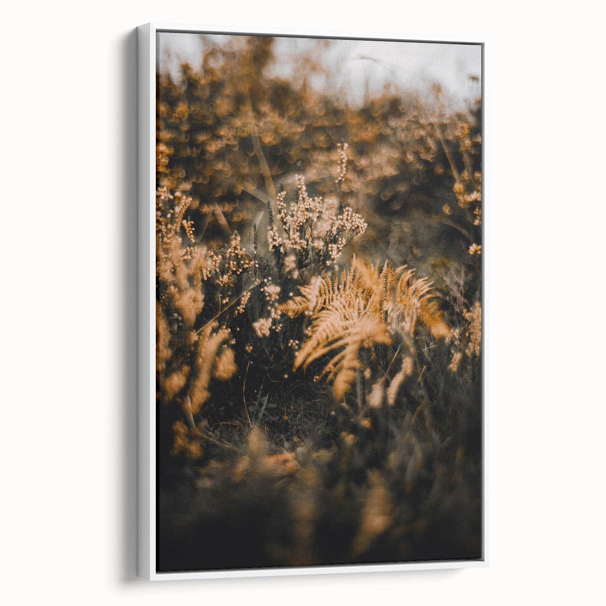 Vintage poster art of an autumnal scene on a framed canvas, featuring vibrant orange and yellow tones.