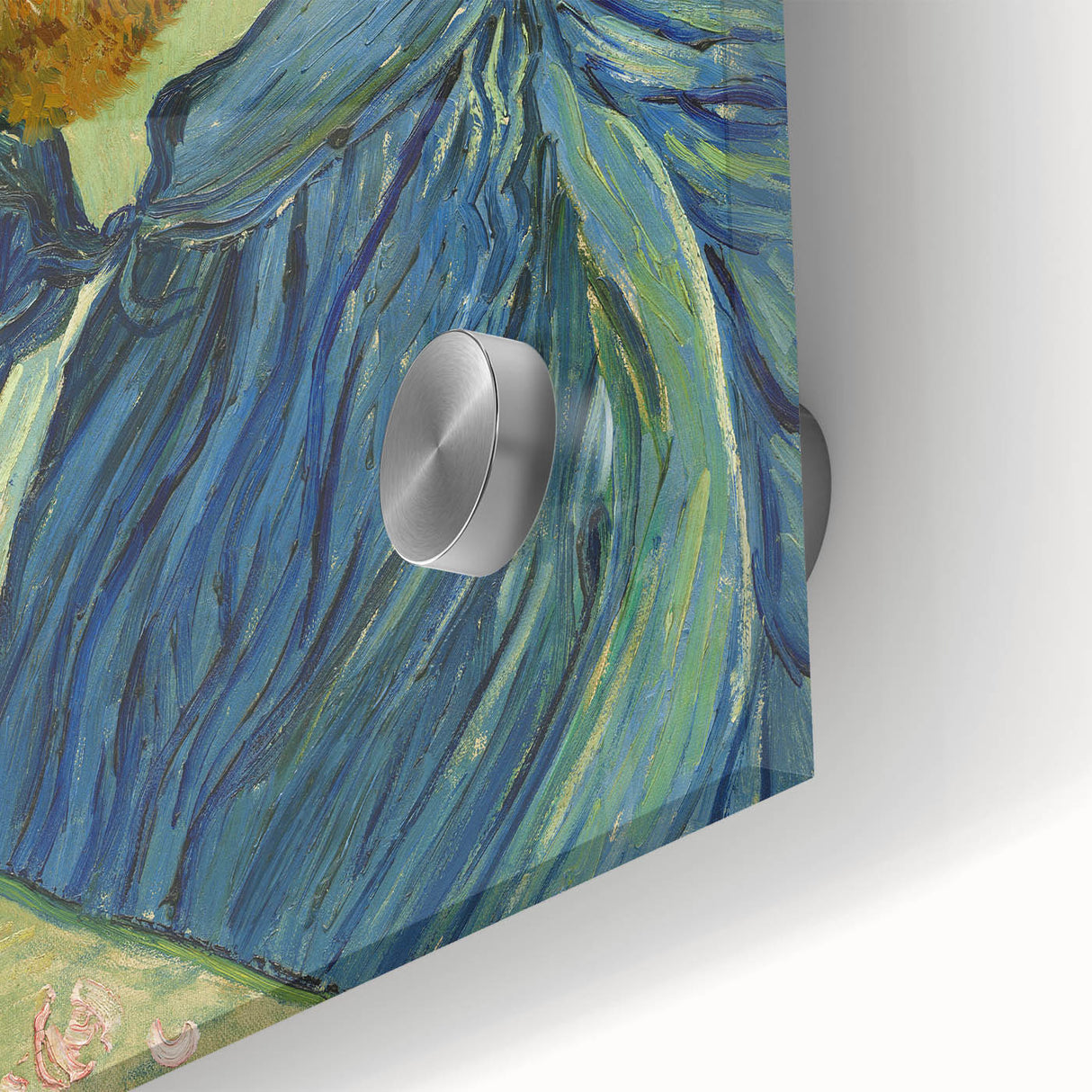 Large abstract wall art on acrylic glass featuring mid-century modernist style in vibrant hues, ideal for dining room decor.