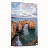 Acrylic glass artwork showcasing a stunning cliff landscape, featuring vibrant colors and intricate details, displayed in a side view with stylish pins. Perfect for enhancing any contemporary decor.