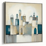 Framed abstract architecture wall art with a silver frame, showcasing geometric shapes and lines in a modern design, perfect for contemporary decor.