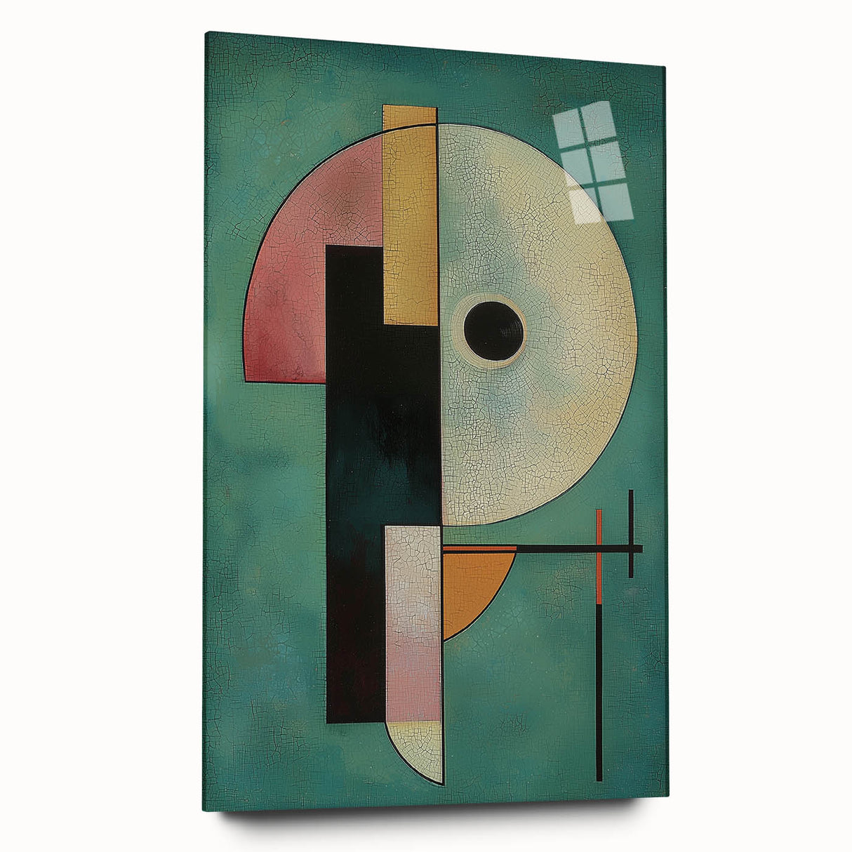 Abstract geometric acrylic glass art piece, showcasing vibrant colors and intricate designs, viewed from the side. Perfect for modern decor and artistic spaces.