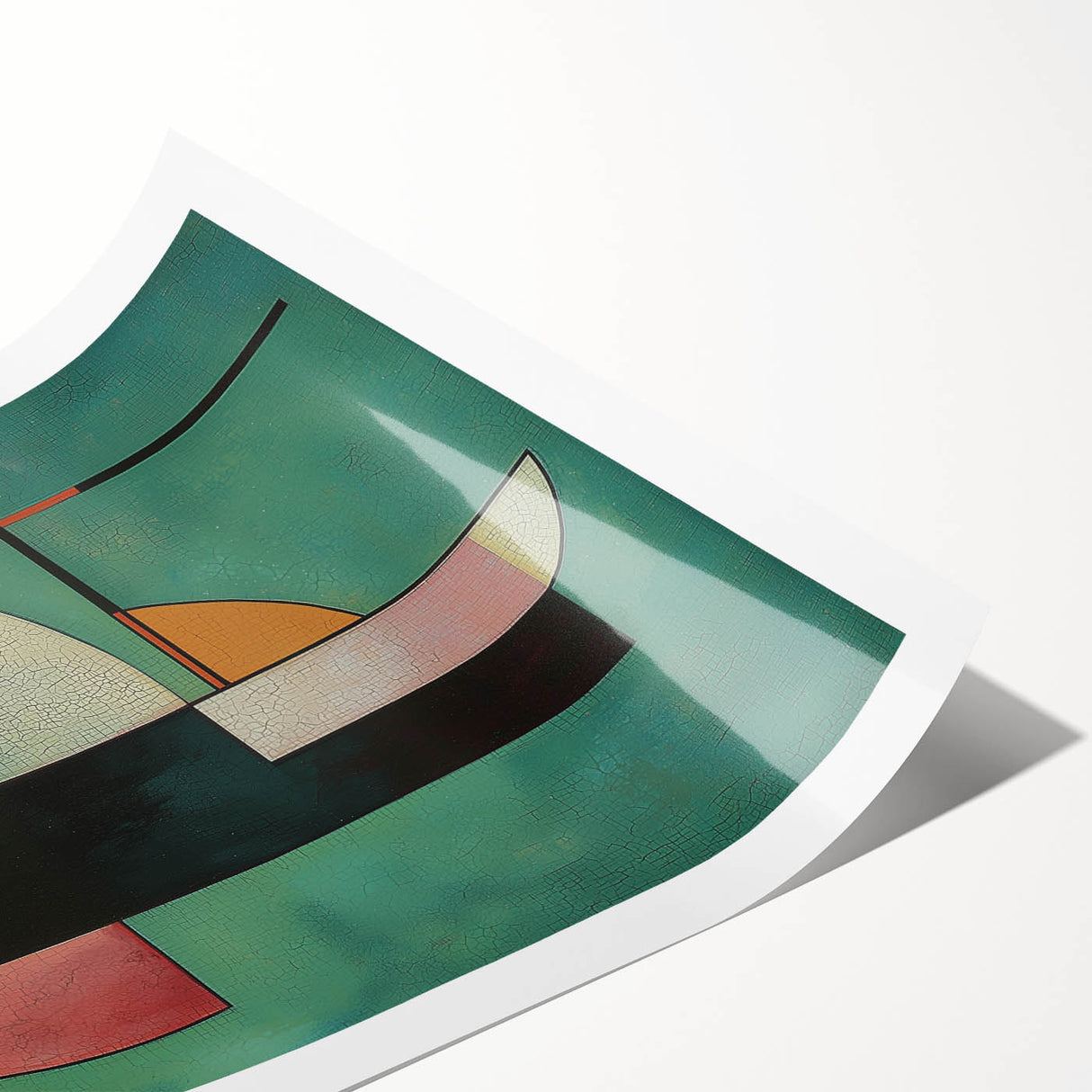 Abstract geometric rolled print showcasing vibrant blue and orange hues with intricate shapes, designed for modern decor, packaged securely in a cardboard tube.