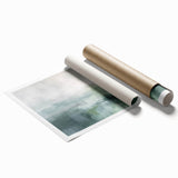 Abstract landscape wall art print showcasing vibrant blue and orange hues, featuring a serene mountain scene, rolled and ready for framing or display.