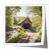 Extra large floral art on glossy print, featuring a covered bridge in muted earth tones, ideal for dining room decor.