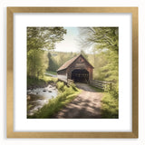 Extra large abstract art print of a textured covered bridge, in muted gold and brown tones on a framed canvas.