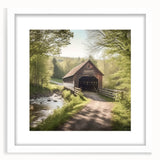 Abstract art print of a covered bridge in muted brown and gray tones, framed with a white mat.