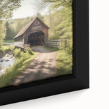 Black wall art featuring a textured, colorful depiction of a covered bridge on a framed canvas, ideal for living room decor.
