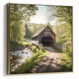 Framed canvas featuring a vintage poster of a landscape with a covered bridge in silver and gold tones.