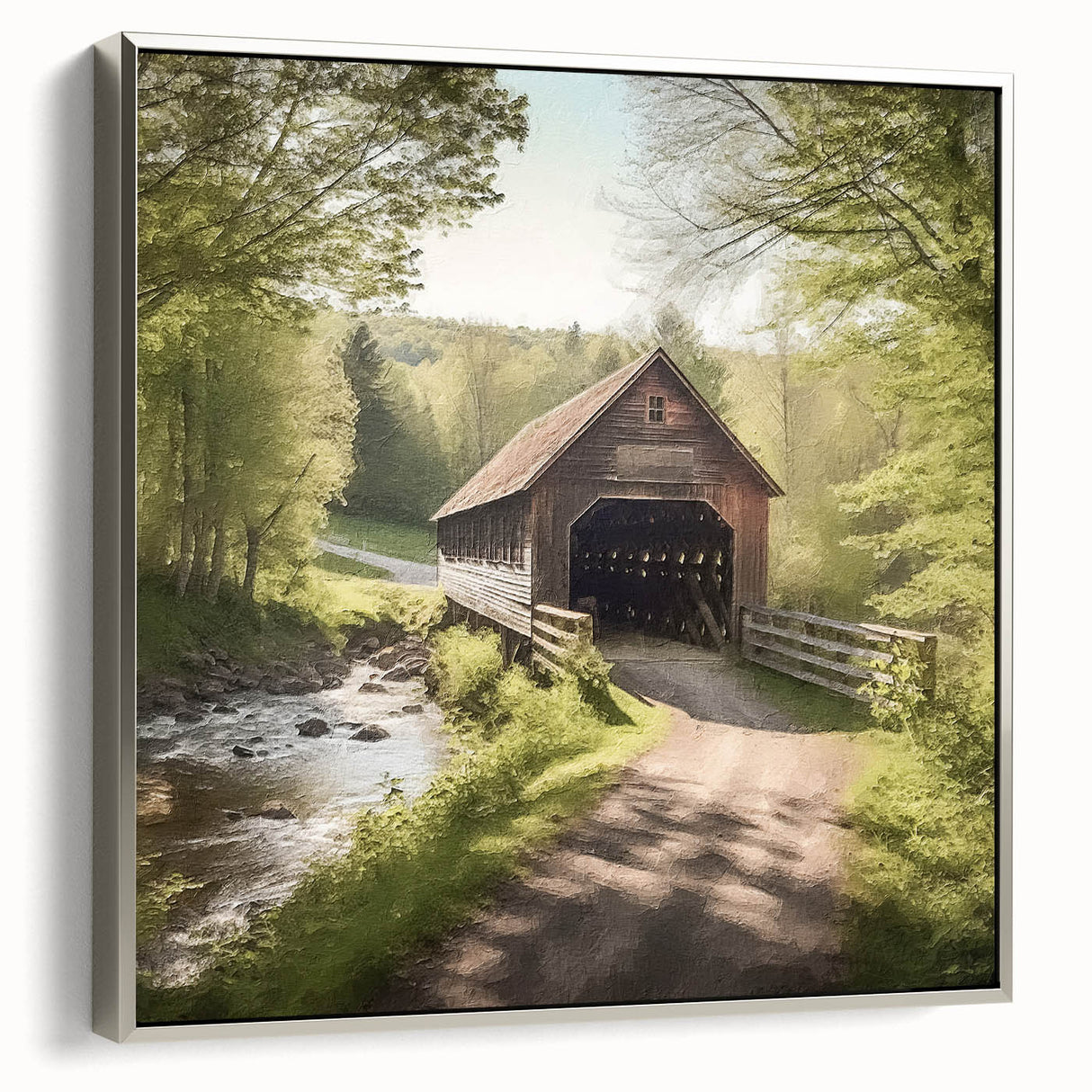 Landscape art painting of a covered bridge in muted black and silver tones on a framed canvas.