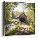Landscape art painting of a covered bridge in muted black and silver tones on a framed canvas.