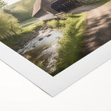 Art deco poster of a covered bridge in muted gray tones on rolled canvas, suitable for dining room wall art.