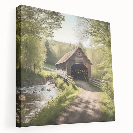 Large art depicting a covered bridge in muted brown and green tones on stretched canvas, ideal for kitchen wall decor.
