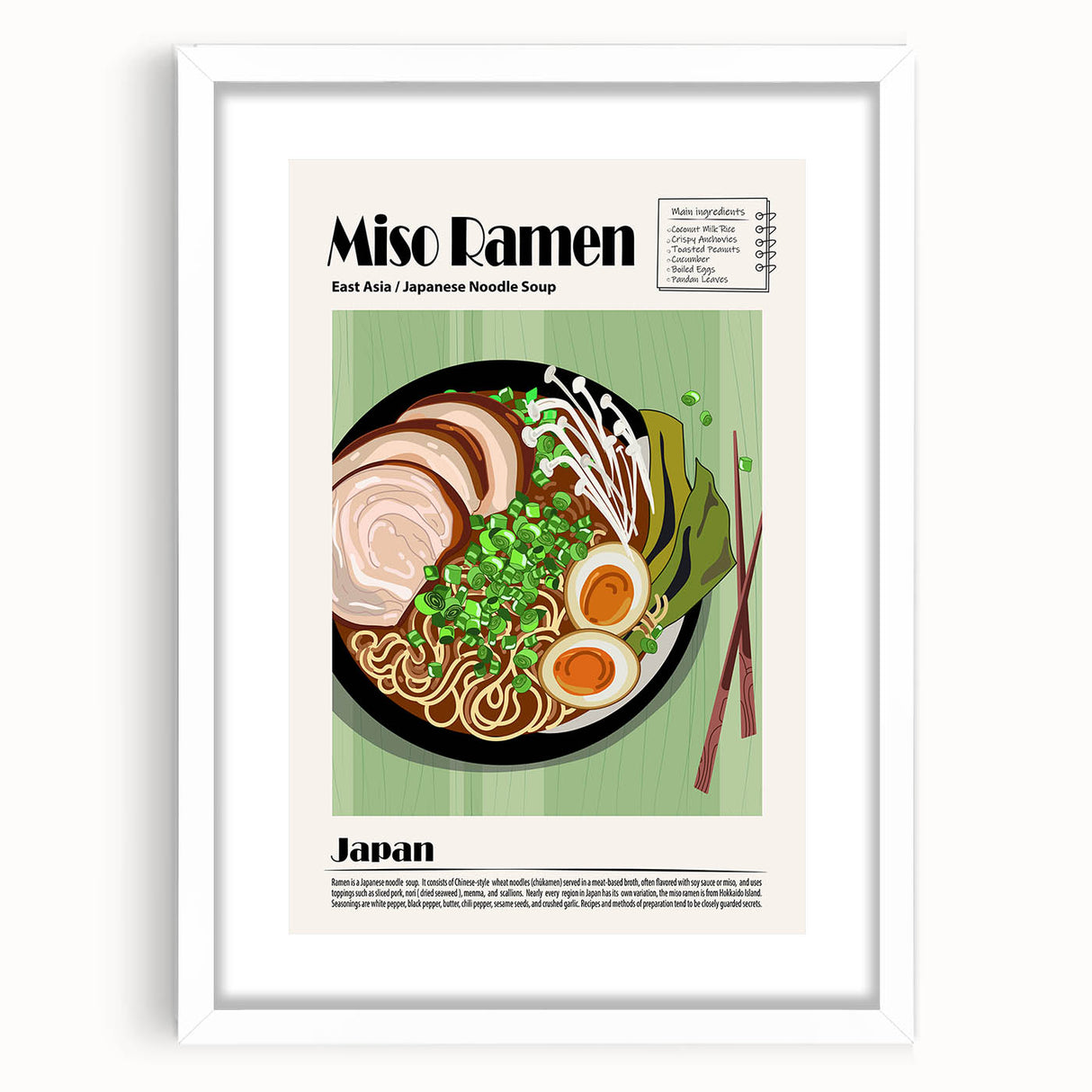 Abstract art print featuring assorted food dishes in muted earth tones, framed with a white mat.