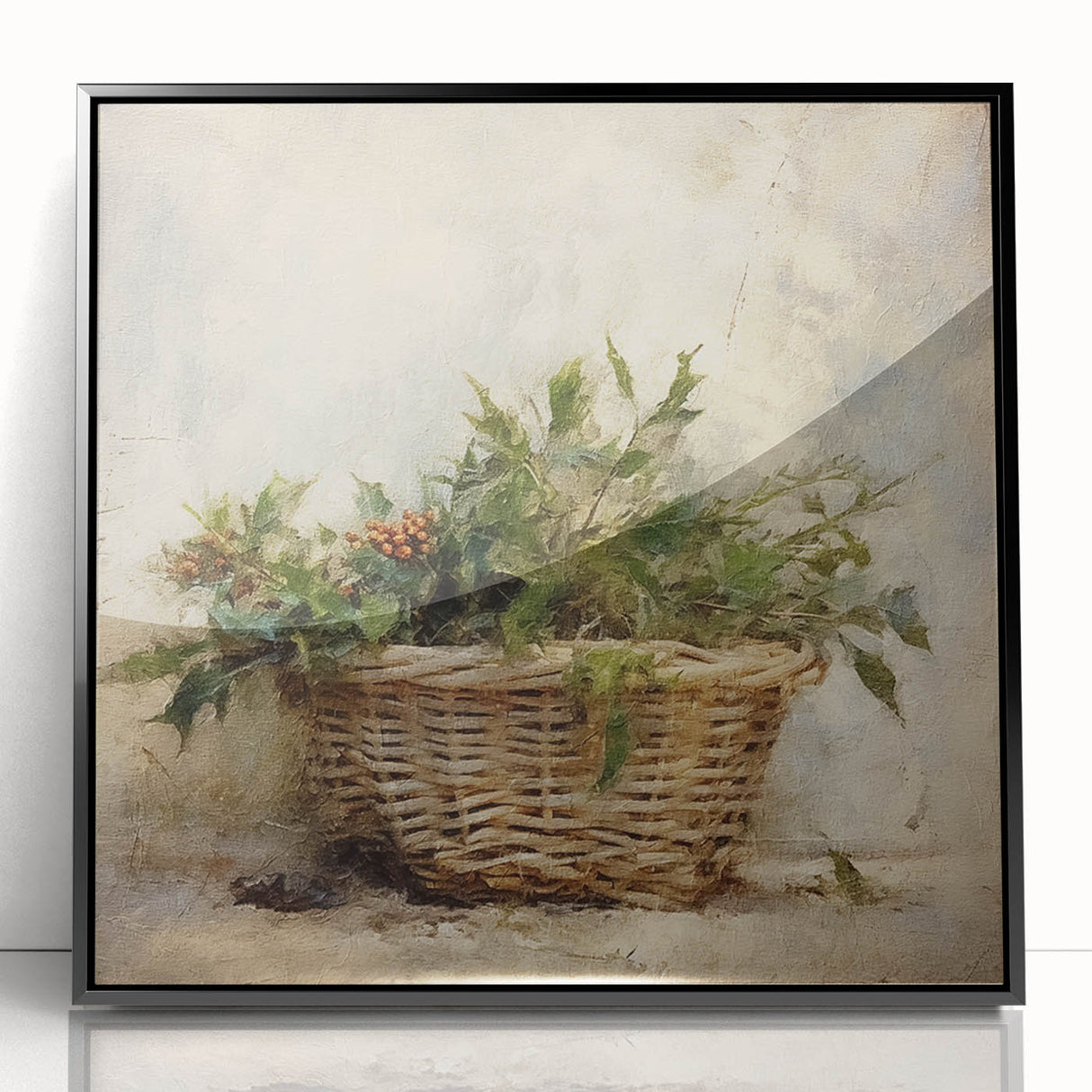 Festive Canvas Art - Rustic Holly Basket Christmas Wall Decorations