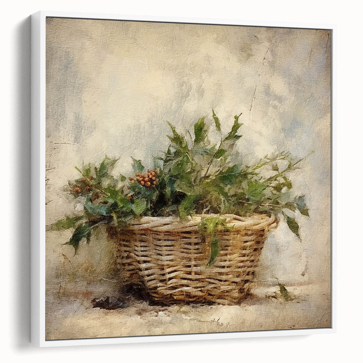 Festive Canvas Art - Rustic Holly Basket Christmas Wall Decorations