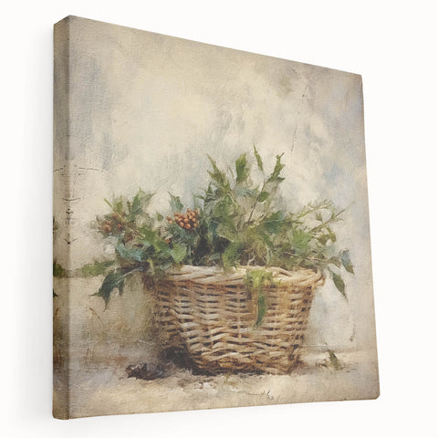 Festive Canvas Art - Rustic Holly Basket Christmas Wall Decorations