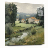 Acrylic glass wall art showcasing a serene countryside landscape, displayed from the side with decorative pins, perfect for home decor. Ideal for nature enthusiasts and art lovers.