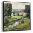 Framed canvas wall art depicting a serene countryside landscape with vibrant greens and blues, showcasing a black frame from a side view, perfect for home decor.