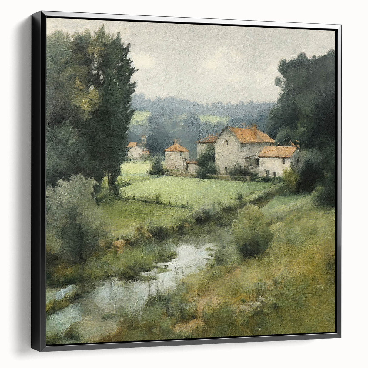Framed canvas wall art depicting a serene countryside landscape with vibrant greens and blues, showcasing a black frame from a side view, perfect for home decor.
