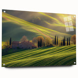 Acrylic landscape artwork showcasing a vibrant countryside scene, displayed in a side view with colorful pins for easy mounting, ideal for home decor.