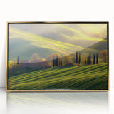 Framed acrylic artwork depicting a serene countryside landscape with vibrant colors and gold accents, ideal for enhancing home decor in living spaces.